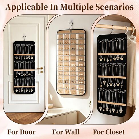 Double-Sided Hanging Jewelry Organizer 48 Pockets 21 Hooks Large Black Storage Bag Jewelry Organizer with Hanger for Closet Wall Door Tangle-Free Holder for Earrings Necklaces Rings Bracelets in Saudi Arabia
