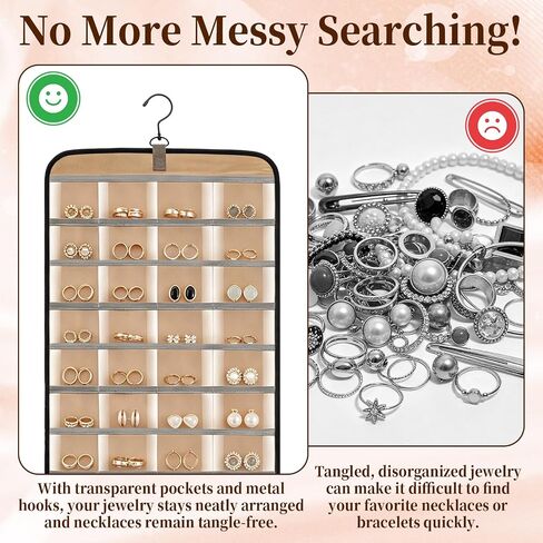 Double-Sided Hanging Jewelry Organizer 48 Pockets 21 Hooks Large Black Storage Bag Jewelry Organizer with Hanger for Closet Wall Door Tangle-Free Holder for Earrings Necklaces Rings Bracelets in Saudi Arabia