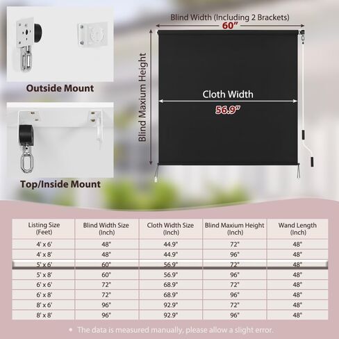 SEEYE Outdoor Sunshade Roller Shades, 5' W x 6' H Cordless Roll Up New Material Blinds Privacy Screen with 90% UV Protection, Exterior Patio Shade Cloth for Backyard Porch Pergola Windows, Black in Saudi Arabia
