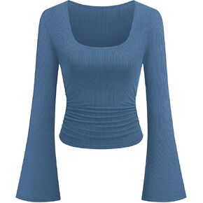 PRETTYGARDEN Womens Long Bell Sleeve Going Out Tops Fall Fashion 2026 Square Neck Ruched Ribbed Shirts Winter Y2K Clothes in Kuwait