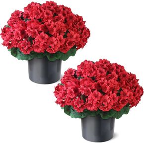 FOTEEWL 2 Set Artificial Geraniums Topiary for Front Porch Decor - 17" UV Resistant Faux Geraniums Potted Plant Fake Silk Flower Bush for Front Door, Farmhouse, Garden, Outdoor Decoration (Red) in Saudi Arabia