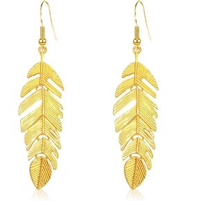 Bohemian Floating Feathers Dangle Earrings - Long Hanging Metal Link Leaf Drops for Women -Lightweight Layered Dangling Leaves Hook Earrings in Saudi Arabia