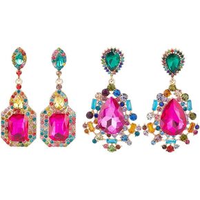 ANATTASOUL 2 Pairs Rhinestone Statement Drop Dangle Earrings Rectangle Teardrop Rhinestone Dangling Chandelier Earrings Pink Green Vintage Crystal Dangling Earrings Wedding Earrings for Women in Saudi Arabia