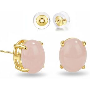 Pink Stud Earrings, Gold Plated Oval Natural Gemstone Rose Quartz Earrings for Women, Minimalist Natural Crystal Earrings Handmade Jewelry in Saudi Arabia
