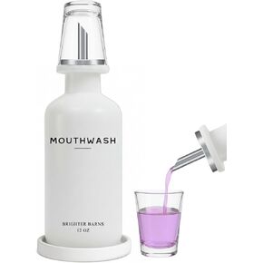 Glass Mouthwash Dispenser for Bathroom by Brighter Barns - Refillable Mouthwash Container with Glass Cup and Tray - Mouth Wash Dispensers for Bathroom Sink, Home Decor, Airbnb, Office, Hotel (Clear) in Saudi Arabia