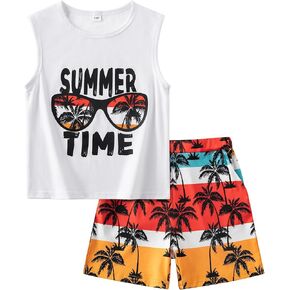 Boys 2-Piece Sets Summer Outfit Casual Clothes Sleeveless Tank Top & Striped Shorts,Size 6-12 Years in Kuwait