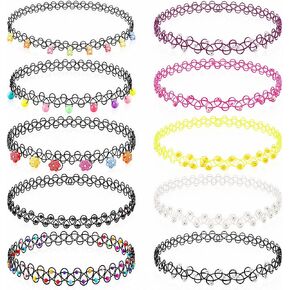 10PCS 90s Tattoo Choker Necklace Set with Colorful Beads, Multi-Color Stretchy Elastic Vintage Y2K Fashion Jewelry, Adjustable Retro Gothic Grunge Aesthetic Accessories for Women in Saudi Arabia