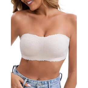 Allegra K Women's Bras Strapless Wireless Padded Lace Push Up White S | Full Lace Bralette, Fixed Cup, Anti-Slip, 3 Rows of Hooks, Off Shoulder, All Season, Work, Sleep, Dating, Dailywear in Saudi Arabia
