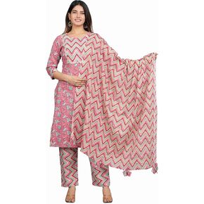 Women's Cotton Printed Round Neck Embrodriery Straight Kurta With Palazzo & Dupatta Set in Saudi Arabia
