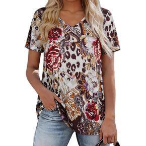Women Short Sleeve V Neck Loose Dressy Tunic Tops Casual Flowy Floral Print Tees Lightweight Summer Boho Shirt in Saudi Arabia