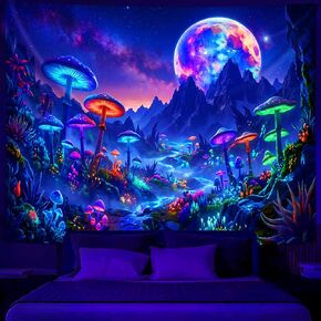 Simpkeely Blacklight Mushroom Forest Tapestry, Neon Galaxy Moon Mountain Wall Hanging, Magical Nature Night Sky Art Aesthetic Decor for Bedroom, Living Room, Dorm - 51.2" x 59.1" in Kuwait