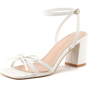 Bow Strappy Heels for Women Square Open Toe Mid Chunky Block Heeled Sandals in Saudi Arabia