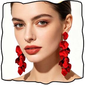 Red Rose Petal Dangle Earrings for Women, Long Layered Flower Drop Earrings, Lightweight Statement Floral Earrings for Wedding, Prom, Party, Vacation, Daily Wear in Saudi Arabia