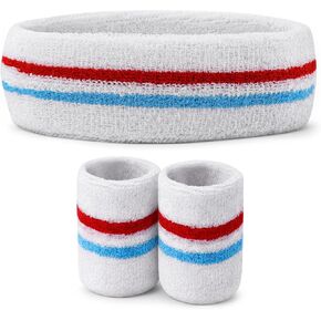 Striped Sweatband Set - 1 Headband 2 Wristbands, Sweat Wicking Sports Headbands for Men Women, Athletic Wristband for Running Gym Basketball Tennis in Saudi Arabia
