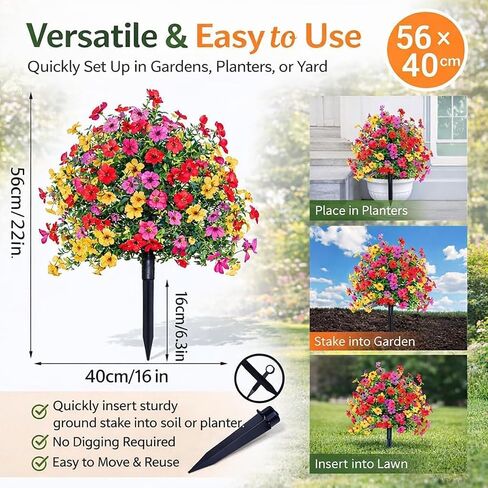 22" Artificial Petunias with Ground Stake, UV Resistant Outdoor Faux Flowers for Planter, Window Box and Garden Decor, Lifelike Fake Silk Plants for Front Porch & Yard Landscaping in Saudi Arabia