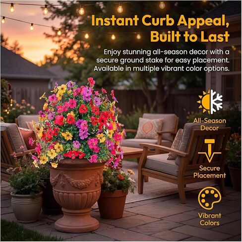 22" Artificial Petunias with Ground Stake, UV Resistant Outdoor Faux Flowers for Planter, Window Box and Garden Decor, Lifelike Fake Silk Plants for Front Porch & Yard Landscaping in Saudi Arabia