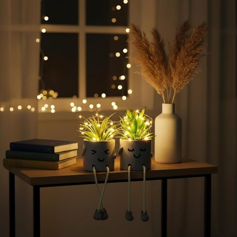 Cute Fake Plants, Succulents Pots with String Lights, Fake Plants Artificial For Desk Décor, Office Decor for Women, Shelf Decor for Gift, Bathroom Small Plants Decoration(No Battery Included) in Saudi Arabia