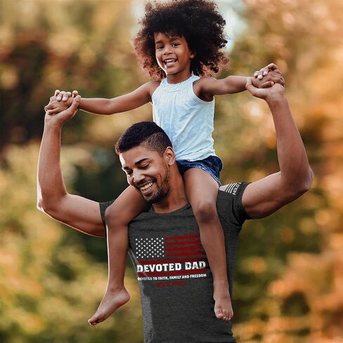 Devoted Dad to Faith Family Freedom Dark Heather Grey Cotton Men's T-Shirt in Saudi Arabia