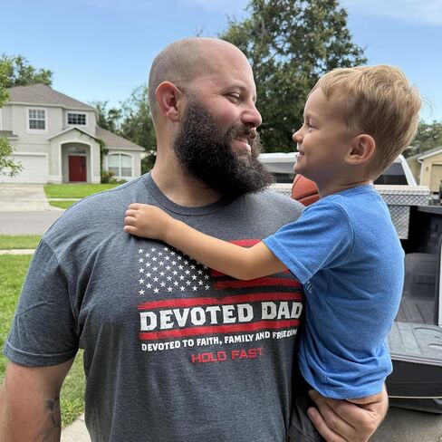 Devoted Dad to Faith Family Freedom Dark Heather Grey Cotton Men's T-Shirt in Saudi Arabia