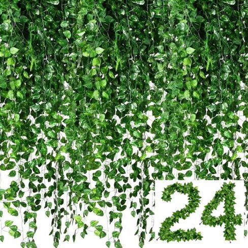 BetterJonny 24 حزمة من نباتات اللبلاب الاصطناعية المزيفة، 174 قدمًا من البلاستيك المزخرف بالكروم المزيفة المقاومة للأشعة فوق البنفسجية والأوراق الخضراء والنباتات المزيفة لتزيين الجدران الداخلية والخارجية in Kuwait