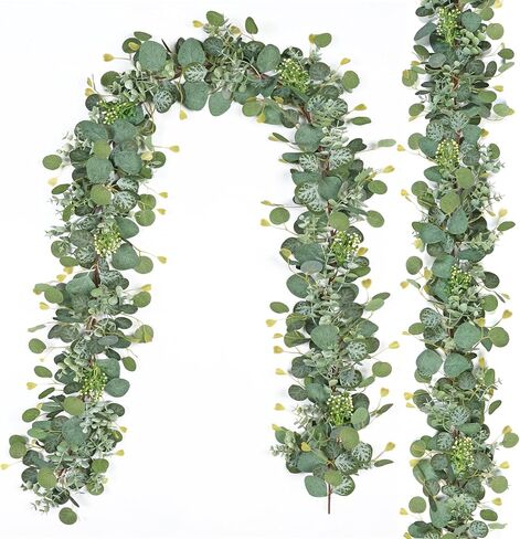 5.9FT Eucalyptus Garland,Artificial Greenery Garland with Berries,Green Spring Garland Decorations,Fake Silver Dollar Eucalyptus Leaves Wreath Garland for Table Home Mantle Wedding Decor in Saudi Arabia