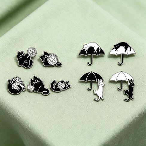 9PCS Enamel Pins Set Dice & Umbrella Black & White Cat Themed Lapel Pin Brooch Decorative for Jackets, Backpacks, Hats & Bags in Kuwait