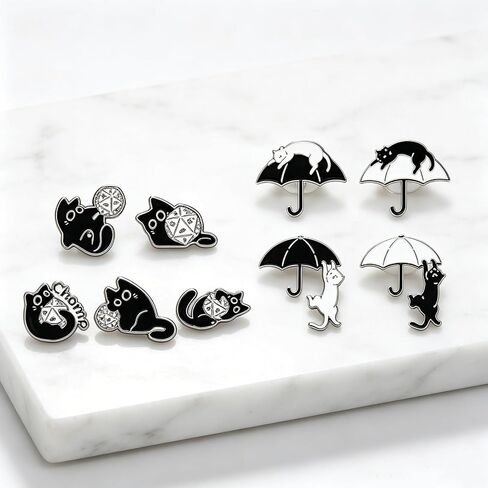 9PCS Enamel Pins Set Dice & Umbrella Black & White Cat Themed Lapel Pin Brooch Decorative for Jackets, Backpacks, Hats & Bags in Kuwait