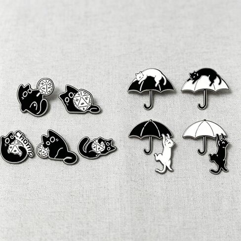 9PCS Enamel Pins Set Dice & Umbrella Black & White Cat Themed Lapel Pin Brooch Decorative for Jackets, Backpacks, Hats & Bags in Kuwait