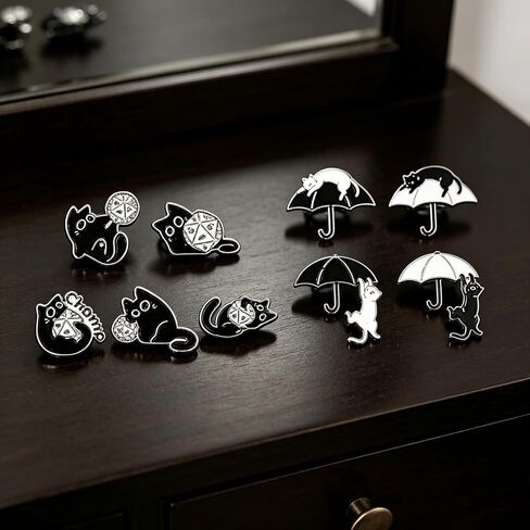 9PCS Enamel Pins Set Dice & Umbrella Black & White Cat Themed Lapel Pin Brooch Decorative for Jackets, Backpacks, Hats & Bags in Kuwait