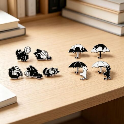9PCS Enamel Pins Set Dice & Umbrella Black & White Cat Themed Lapel Pin Brooch Decorative for Jackets, Backpacks, Hats & Bags in Kuwait