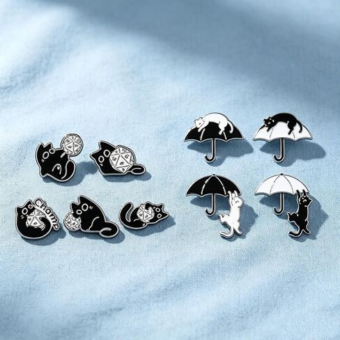 9PCS Enamel Pins Set Dice & Umbrella Black & White Cat Themed Lapel Pin Brooch Decorative for Jackets, Backpacks, Hats & Bags in Kuwait