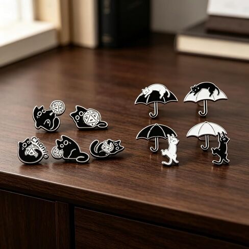 9PCS Enamel Pins Set Dice & Umbrella Black & White Cat Themed Lapel Pin Brooch Decorative for Jackets, Backpacks, Hats & Bags in Kuwait
