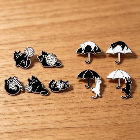 9PCS Enamel Pins Set Dice & Umbrella Black & White Cat Themed Lapel Pin Brooch Decorative for Jackets, Backpacks, Hats & Bags in Kuwait
