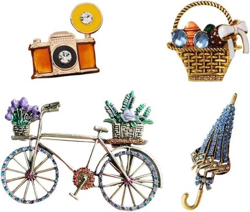 Rhinestone Retro Women Brooches Set Vintage Country Side Style Brooch Set With Bicycle, Hat, Basket, Animal (Puppy), Umbrella, Retro Camera Colorful funny beauty Accessories Pin For Women in Saudi Arabia