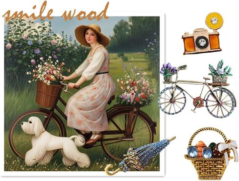 Rhinestone Retro Women Brooches Set Vintage Country Side Style Brooch Set With Bicycle, Hat, Basket, Animal (Puppy), Umbrella, Retro Camera Colorful funny beauty Accessories Pin For Women in Saudi Arabia