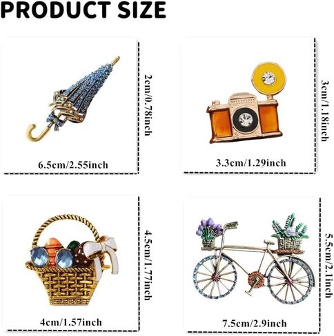 Rhinestone Retro Women Brooches Set Vintage Country Side Style Brooch Set With Bicycle, Hat, Basket, Animal (Puppy), Umbrella, Retro Camera Colorful funny beauty Accessories Pin For Women in Saudi Arabia