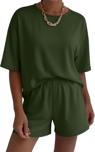 Ekouaer Lounge Sets for Women 2 Piece Shorts Sets Moisture Wicking Casual Summer Short Sleeve Matching Outfits with Pockets in Kuwait