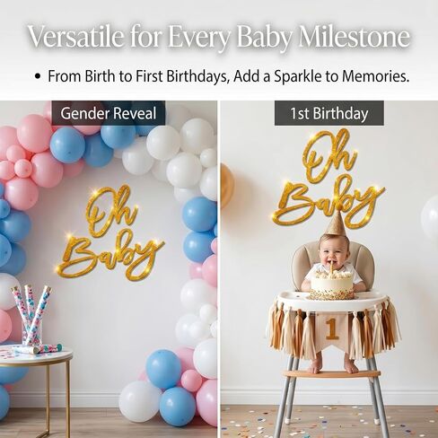 Oh Baby Sign for Baby Shower Backdrop - Gold Glitter Felt OH BABY Letters Banner for Gender Reveal, Boy or Girl 1st Birthday Party, Photo Booth Props & Nursery Wall Decor (Gold) in Kuwait