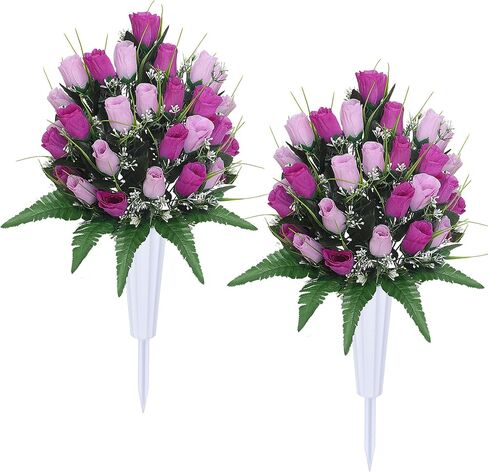 Artificial Cemetery Flowers with Vases 2 Sets Memorial Rose Bouquets for Outdoor Grave Decorations(Red Yellow) in Saudi Arabia