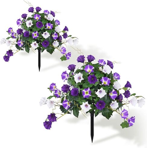 Elyum 2 Pack Artificial Flowers Topiary Ball Trees for Outdoors, 19.7" Lifelike Morning Glory Fake Bushes Plants, UV Resistant Fake Plants Faux Shrubs with Ground Spike for Porch Garden Decor (Purple) in Saudi Arabia