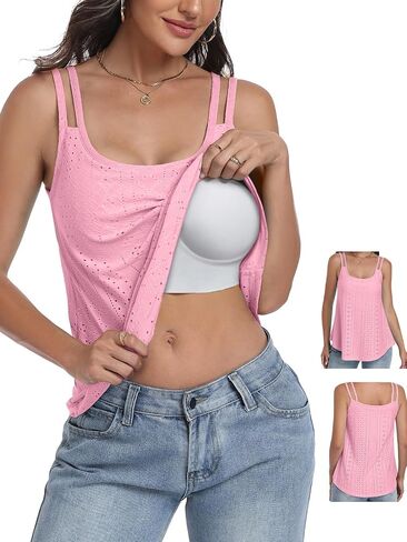 Hibelle Upgraded Jelly Support Built-in Bra Tank Tops for Women Seamless Wireless Eyelet Flowy Cami for Summer Beach Vacation in Saudi Arabia