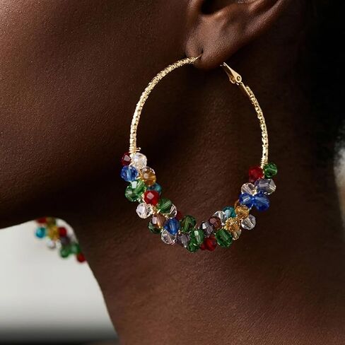Rainbow Beaded Hoop Earrings for Women Multi Color Sparkle Crystal Glass Bead Jewelry Boho Style in Kuwait