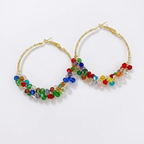 Rainbow Beaded Hoop Earrings for Women Multi Color Sparkle Crystal Glass Bead Jewelry Boho Style in Kuwait