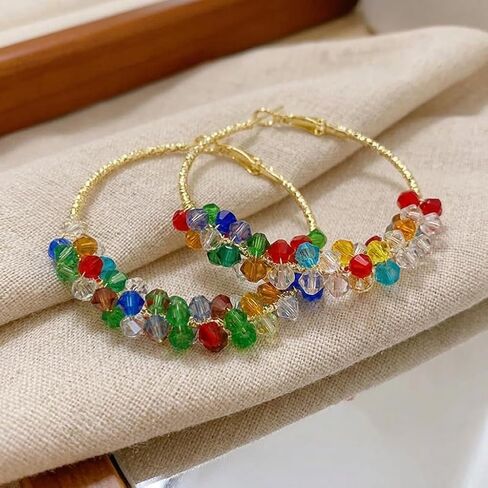 Rainbow Beaded Hoop Earrings for Women Multi Color Sparkle Crystal Glass Bead Jewelry Boho Style in Kuwait