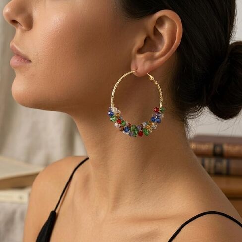 Rainbow Beaded Hoop Earrings for Women Multi Color Sparkle Crystal Glass Bead Jewelry Boho Style in Kuwait