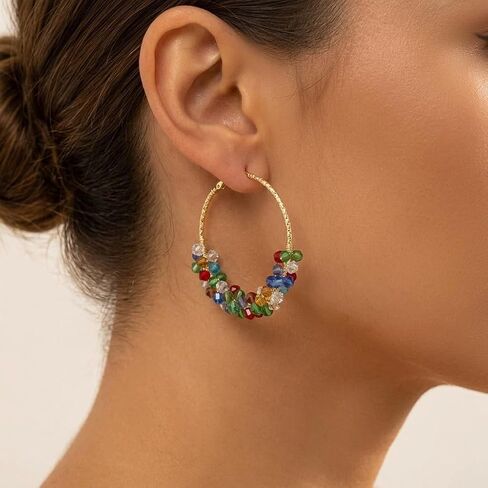 Rainbow Beaded Hoop Earrings for Women Multi Color Sparkle Crystal Glass Bead Jewelry Boho Style in Kuwait