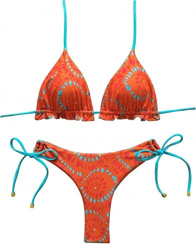 RoseSeek Women's Tropical Print Bikini Sets 2 Piece Color Contrast Trim Triangle Halter Swimsuits Vacation Beachwear in Kuwait