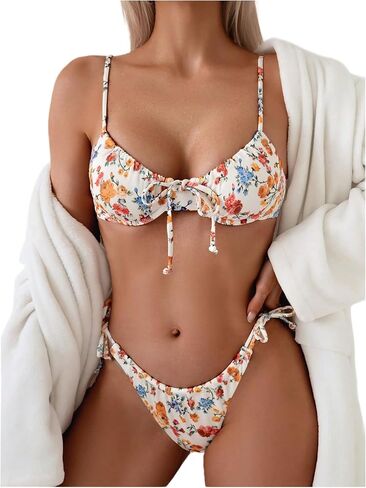 SweatyRocks Women's 2 Piece Bikini Sets Ribbed Knit Floral Print Spaghetti Strap Swimsuit Bathing Suits in Kuwait