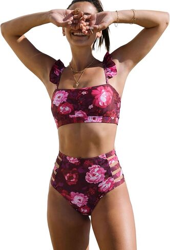 SPORLIKE Women Bandeau High Waisted Bikini Ruffle Adjustable Straps Swimsuit Padded Bathing Suit in Saudi Arabia