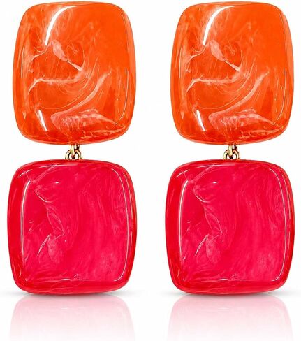 Chunky Statement Resin Earrings for Women, Contrasting Two-Tone Square Earrings, Colorful Boho Beach and Seaside Earrings (Red+Orange Blocks) in Saudi Arabia